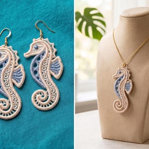 May include: A pair of seahorse-shaped lace earrings and a matching seahorse pendant necklace. The jewelry features intricate cream-colored thread embroidery with light blue accents and small blue beads for the eyes, suspended on gold-toned metal hooks and a chain.