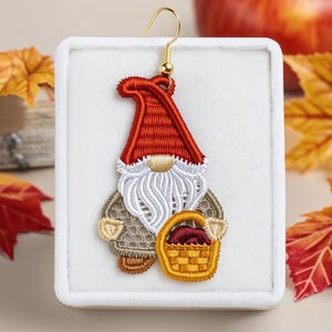 FSL Ornament. Machine Embroidery Designs. Autumn Gnome with Basket Lace Decoration. 4x4 Hoop. Instant Download. PES and Other Formats.