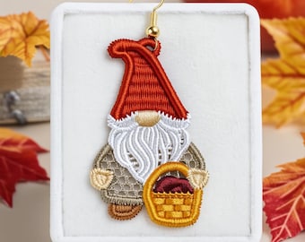 FSL Ornament. Machine Embroidery Designs. Autumn Gnome with Basket Lace Decoration. 4x4 Hoop. Instant Download. PES and Other Formats.