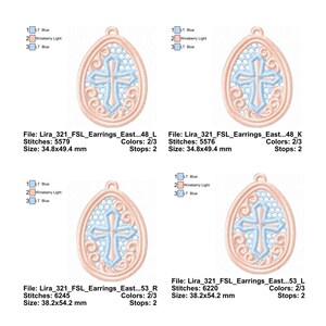 May include: Four embroidered earring designs. Each features a cross design in light blue, surrounded by a peach-colored oval frame. The text on the image indicates the size is approximately 1.4 x 1.9 inches and 1.5 x 2.1 inches.