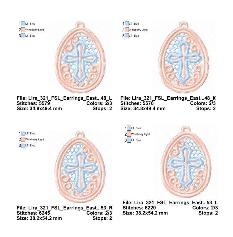 May include: Four embroidered earring designs. Each features a cross design in light blue, surrounded by a peach-colored oval frame. The text on the image indicates the size is approximately 1.4 x 1.9 inches and 1.5 x 2.1 inches.
