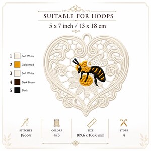Puede incluir: Dise&ntilde;o bordado con una abeja sobre una margarita dentro de un marco en forma de coraz&oacute;n. El dise&ntilde;o mide 13 x 18 cm. La paleta de colores incluye blanco roto, vara de oro, marr&oacute;n oscuro y negro. El texto dice "Suitable for Hoops".