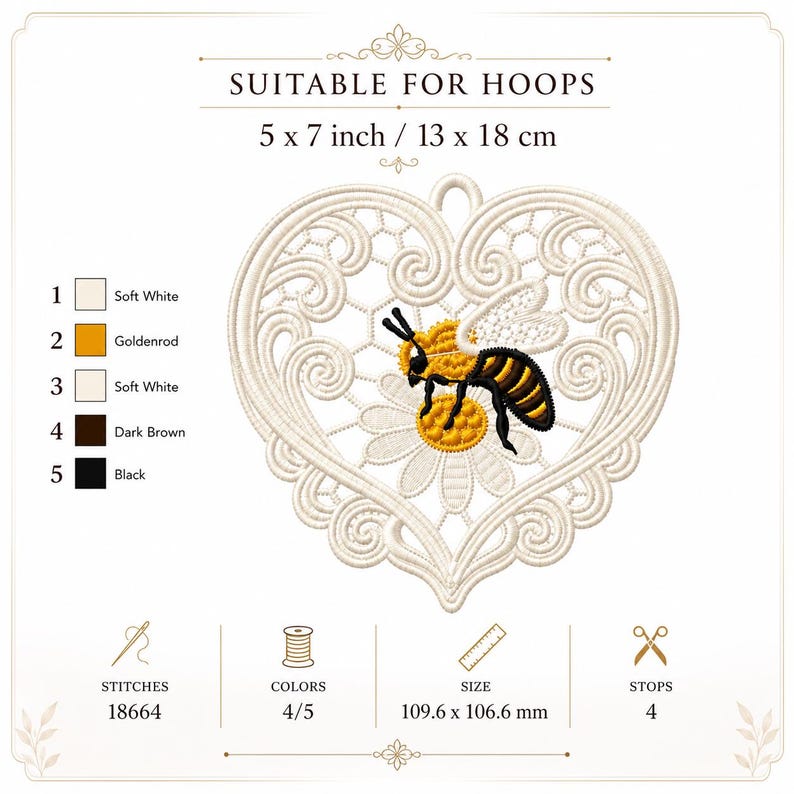 Puede incluir: Dise&ntilde;o bordado con una abeja sobre una margarita dentro de un marco en forma de coraz&oacute;n. El dise&ntilde;o mide 13 x 18 cm. La paleta de colores incluye blanco roto, vara de oro, marr&oacute;n oscuro y negro. El texto dice "Suitable for Hoops".