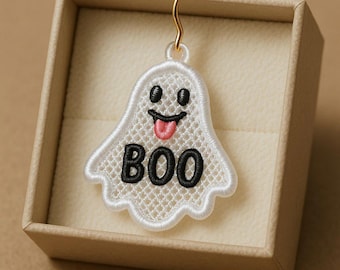 FSL Halloween Earrings. Machine Embroidery Designs. Ghost “Boo” Lace Earrings. 4x4 Hoop. Instant Download. PES and Other Formats.