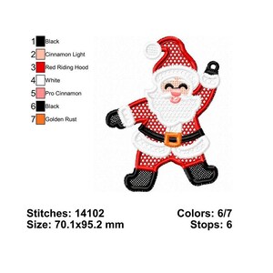 Op de afbeelding: Een geborduurd Santa Claus-ontwerp in rood, wit en zwart. Het ontwerp bevat de tekst "Stitches: 14102" en "Size: 70.1x95.2 mm". De afbeelding geeft ook de gebruikte kleuren weer: Zwart, Cinnamon Light, Red Riding Hood, Wit, Pro Cinnamon en Golden Rust.