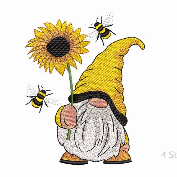 Funny Bee Gnome Machine Embroidery  Design, 4 Sizes