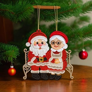 FSL Christmas Santa and Mrs Claus Lace Decoration. Machine Embroidery Designs. 5x7 Hoop. Instant Download. PES and Other Formats.