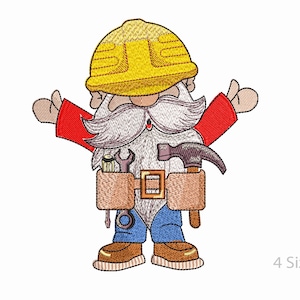 May include: A cartoon illustration of a construction worker gnome wearing a yellow hard hat, red shirt, blue jeans, and a brown tool belt with tools. The gnome has a white beard and moustache.