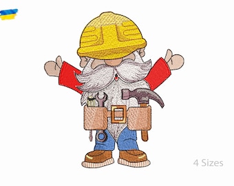 Funny Gnome Builder Machine Embroidery  Design, 4 Sizes.