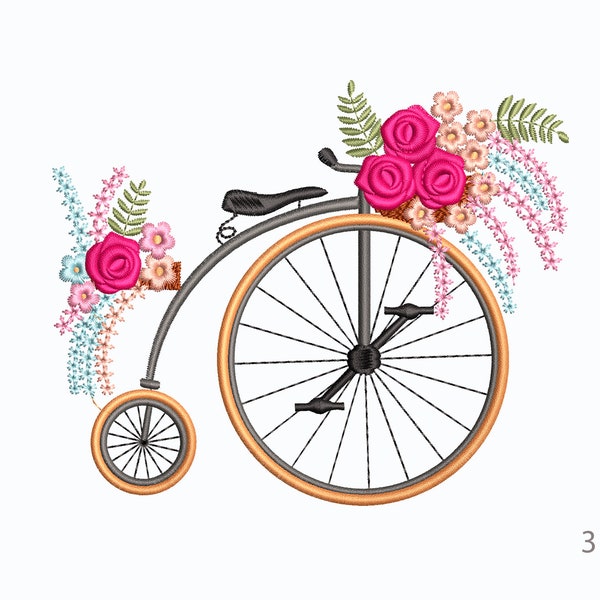 Machine Embroidery Bike. Bicycle with a basket of flowers Embroidery Design,  3 Sizes