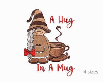 Coffee Gnome, Gnome With  A  Cup Of Coffee, Text Coffee,  Machine Embroidery Design