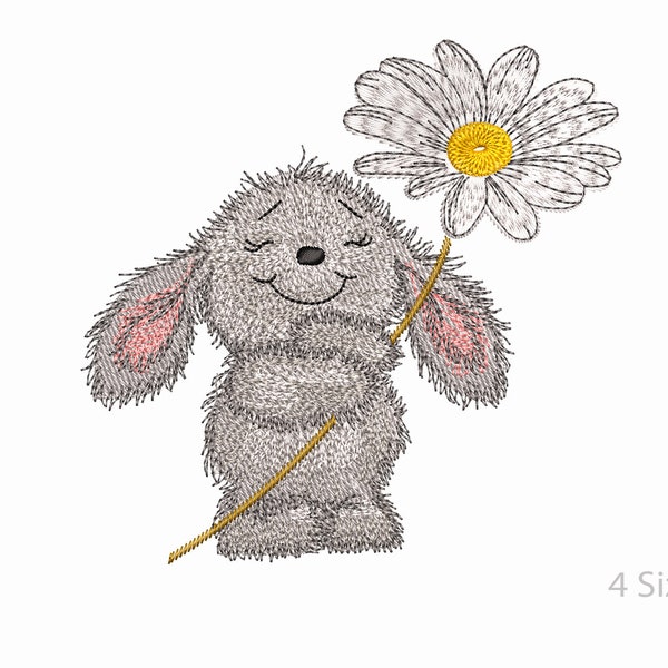 Funny Bunny and Flower Сhamomile  Machine Embroidery  Design, 4 Sizes