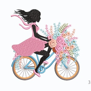 機械刺繍の自転車。花のバスケットを持った女の子と自転車のデザイン、3 サイズ