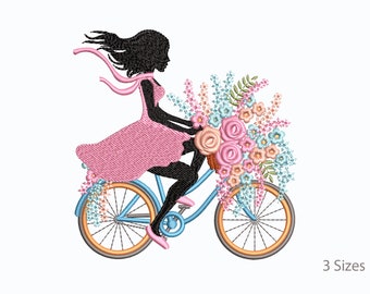 Machine Borduurfiets. Meisje en fiets met een mand met bloemen ontwerp, 3 maten
