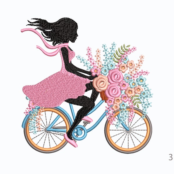 Machine Embroidery Bike. Girl and Bicycle with a basket of flowers design, 3 Sizes