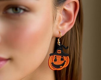 Pendientes de Halloween FSL. Diseños de bordado a máquina. Pendientes de encaje de calabaza y bruja para Halloween. Aro de 4x4. Descarga instantánea. PES y otros.