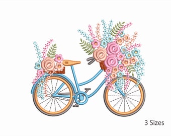Bike Machine Borduurwerk. Fiets met een mand met bloemen Embroidery Design. 3 Maten