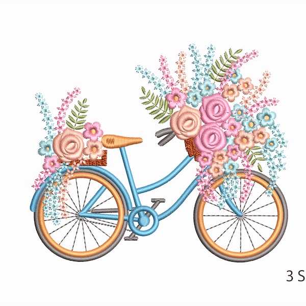 Bike Machine Embroidery. Bicycle with a basket of flowers Embroidery Design. 3 Sizes