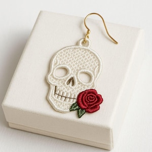 FSL Halloween Earrings. Machine Embroidery Designs. Skull Rose Lace Earrings. 4x4 Hoop. Instant Download. PES and Other Formats.
