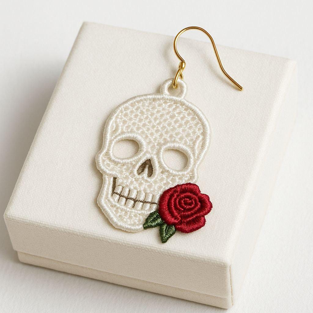 FSL Halloween Earrings. Machine Embroidery Designs. Skull Rose Lace Earrings. 4x4 Hoop. Instant Download. PES and Other Formats.