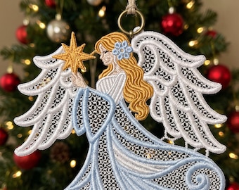May include: A hanging angel ornament featuring intricate white lace wings, a flowing light blue gown, and long golden hair. The angel holds a gold star in one hand and has a small blue flower in its hair. A bronze metal ring is attached at the top.