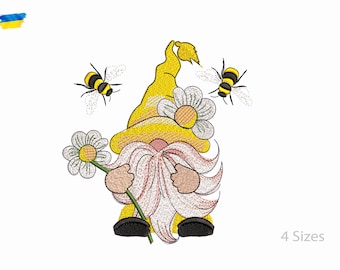 May include: A yellow gnome with a white beard and a yellow hat holding a white daisy. Two yellow and black bees are flying around the gnome.