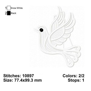 May include: White embroidered dove design with black eye detail. The design is 7.7cm x 9.9cm. The image includes the text "Snow White" and "Black". The design has 10897 stitches, 2 colours, and 1 stop.