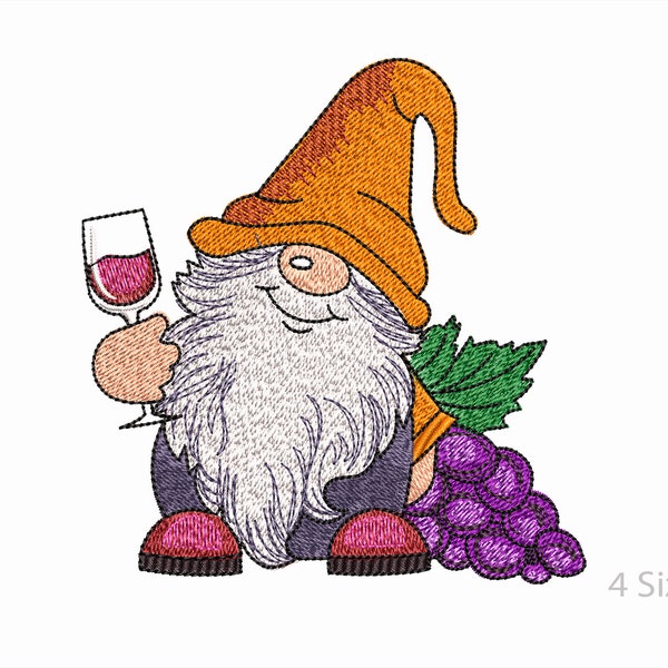 Gnome avec un verre de vin, conception de broderie de machine à raisin, 4 tailles