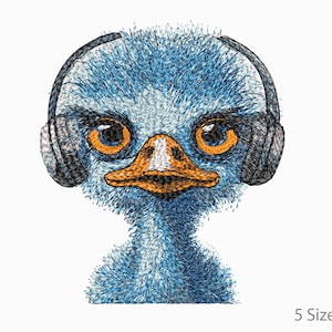 Super Detailed Machine Embroidery Ostrich With Headphones. 5 Sizes