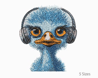 Super Detailed Machine Embroidery Ostrich With Headphones. 5 Sizes