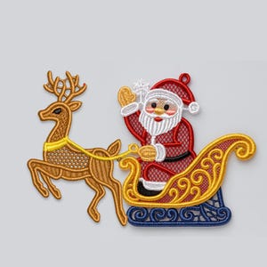 May include: Embroidered Christmas design featuring Santa Claus in a red suit and white beard, waving from a gold and blue sleigh pulled by a brown reindeer with a yellow harness. Festive holiday decor.