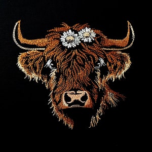 Machine Embroidery Scottish Highland Cow on Black.  Machine Embroidery Designs,  6 Sizes.
