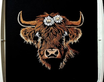 Machine Embroidery Scottish Highland Cow on Black.  Machine Embroidery Designs,  6 Sizes.