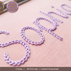 May include: The name Sophia is embroidered in a light purple chain stitch on a solid pink fabric background. Two circular badges in the upper left corner display the text BX FORMAT and SOPHIA KNIT FONT. The bottom edge features the text 5 SIZES | ALL FORMATS | INSTANT DOWNLOAD.