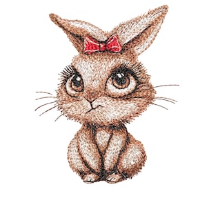 Bunny Machine Embroidery Easter Bunny Bunny with Red Bow. Cute Smirking Rabbit Embroidery Design for Easter , 4 Sizes.