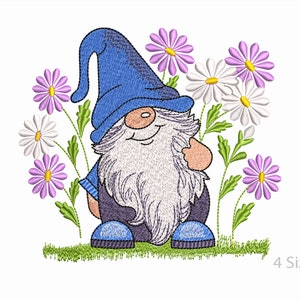 Funny Gnome and  Flowers Machine Embroidery  Design, 4 Sizes
