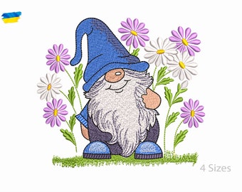 Funny Gnome and  Flowers Machine Embroidery  Design, 4 Sizes