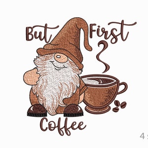 Coffee Gnome, Gnome With  A  Cup Of Coffee, Text Coffee, Machine Embroidery Design, 4 Sizes