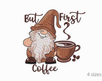 Coffee Gnome, Gnome With  A  Cup Of Coffee, Text Coffee, Machine Embroidery Design, 4 Sizes