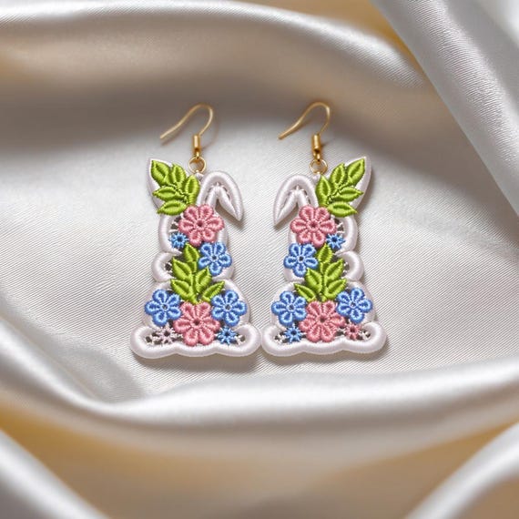 FSL Floral Bunny Lace Earrings. Machine Embroidery Designs. Easter Bunny Earrings. 4x4 Inch Hoop. Instant Download. PES and Other Formats