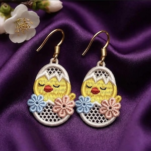 Pendientes de encaje de pollito FSL. Diseños de bordado a máquina. Pendientes de Pascua. Aro de 10 x 10 cm. Descarga instantánea. Formatos PES y otros.