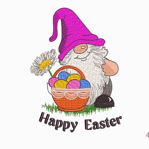 Easter Gnome and Basket with Eggs Machine Embroidery Design, 4 Sizes