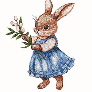 May include: Embroidered illustration of a brown bunny wearing a blue dress and holding a sprig of white flowers.