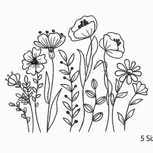 Meadow flowers Machine Embroidery  Designs, Art Line, Hand Stitch Style, 5 Sizes