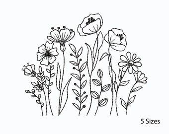 Weidebloemen machineborduurontwerpen, Art Line, handsteekstijl, 5 maten