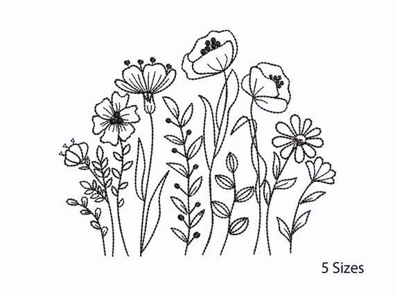 Meadow flowers Machine Embroidery  Designs, Art Line, Hand Stitch Style, 5 Sizes