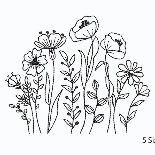 Meadow flowers Machine Embroidery  Designs, Art Line, Hand Stitch Style, 5 Sizes