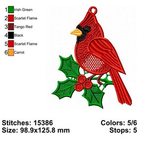 Peut inclure: Motif de broderie d'un cardinal rouge perch&eacute; sur des feuilles de houx vertes avec des baies rouges. Le motif comprend le texte "Stitches: 15386", "Colors: 5/6", et "Size: 98.9x125.8 mm".