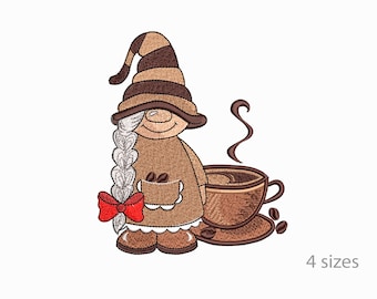 Coffee Gnome, Gnome With  A  Cup Of Coffee Machine Embroidery  Design, 4 Sizes