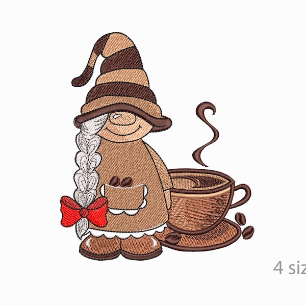 Coffee Gnome, Gnome With  A  Cup Of Coffee Machine Embroidery  Design, 4 Sizes